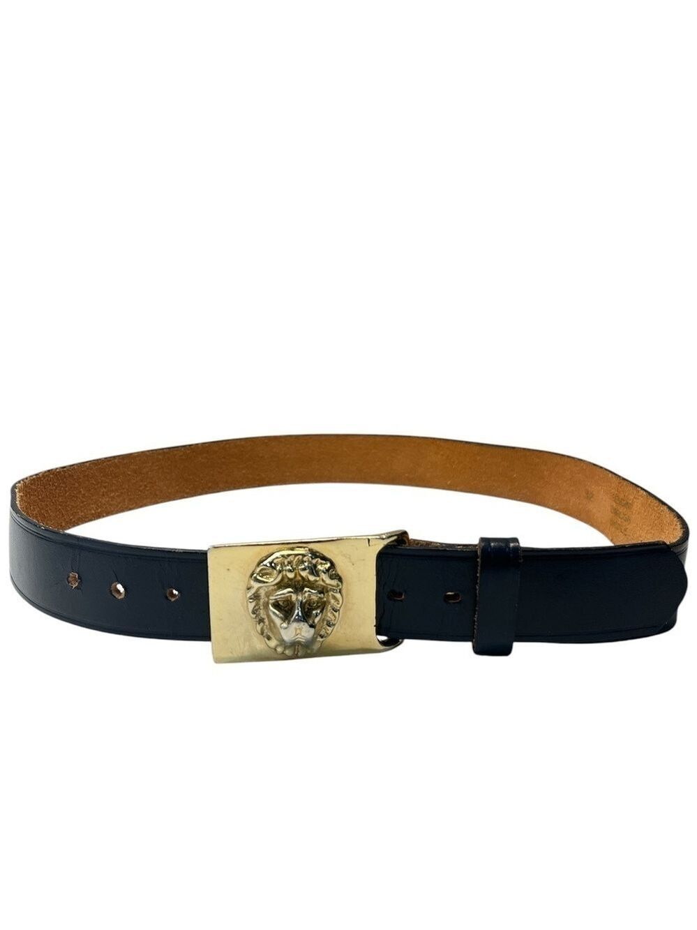 Vintage Navy Genuine English Bridle Leather Belt with Gold Lionhead Pin Buckle
